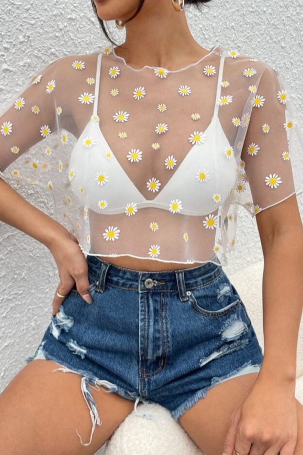 A Quality Daisy Crop Sheer Blouse - Sexi Tulle Crop, Imported Fabric