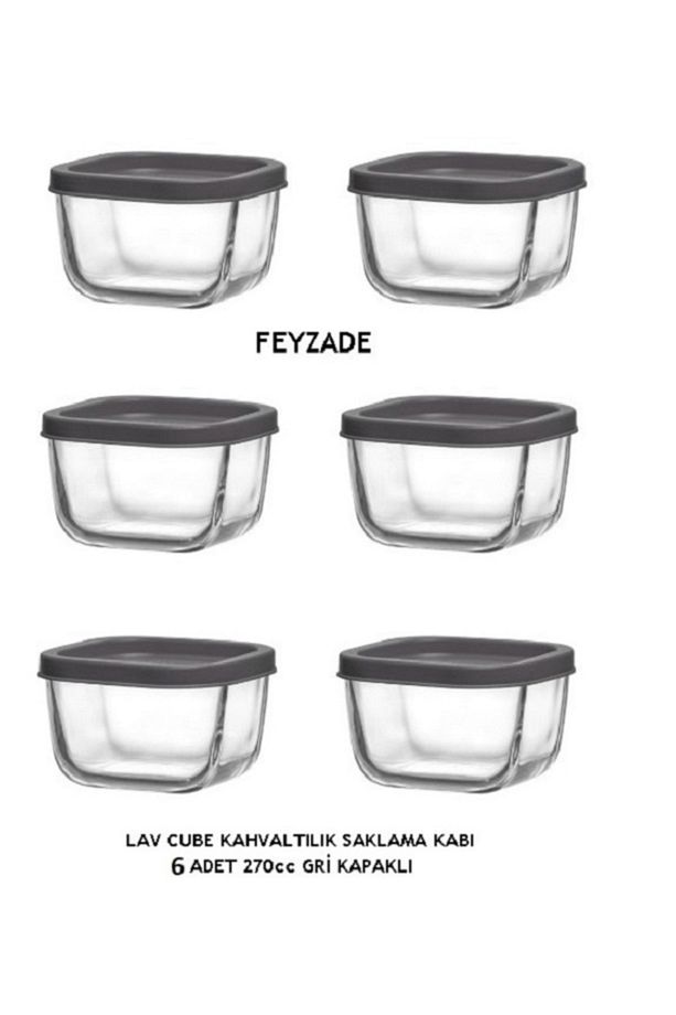 FEYZADE CUBE Kahvaltılık Saklama Kabı Seti 6 adet 270cc GRİ KAPAKLI (CUB-225) - 1