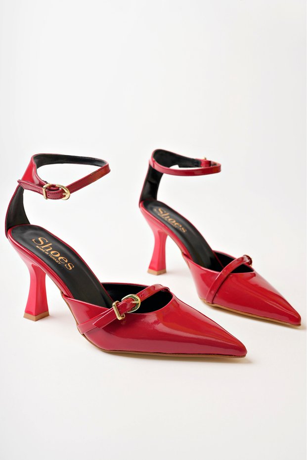 Women's Red Buckle Ankle Detailed Elegant Thin Heeled Shoes
