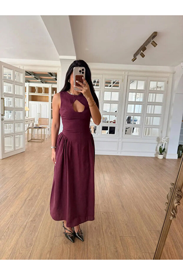 فستان طويل من الكتان بأزرار منقوشة - 2