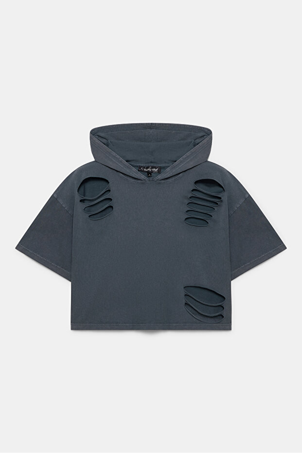 Women's Hooded Crop T-Shirt with Ripped Detail Short Sleeves 100% Cotton
