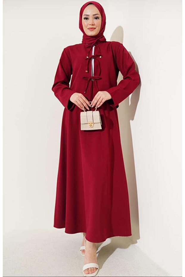 Women's Double Fabric Tie-Front Skirt Suit - Burgundy