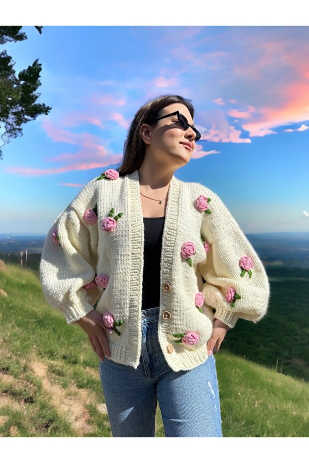 Hand Knitted Pink Rose Embroidered Women's Cardigan