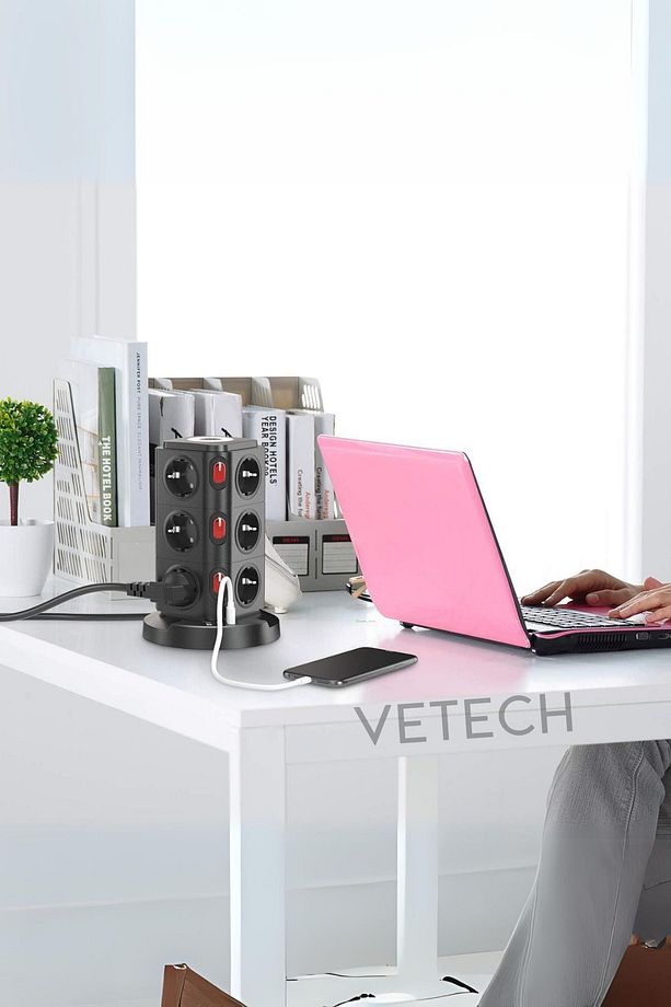 Akım Korumalı Priz Kablosuz Şarj İstasyonu 12x Priz / 1x USB / 2x TYPE-C Girişli 1.8mt Kablo - 4