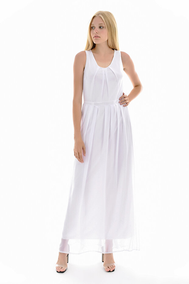 Lined Pleated Chiffon Long Dress White