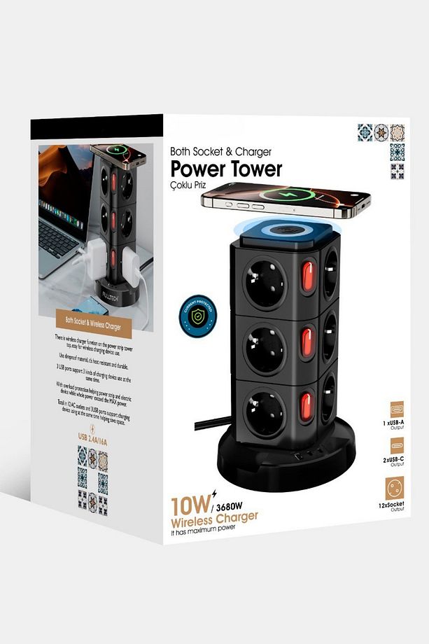 Akım Korumalı Priz Kablosuz Şarj İstasyonu 12x Priz / 1x USB / 2x TYPE-C Girişli 1.8mt Kablo - 5
