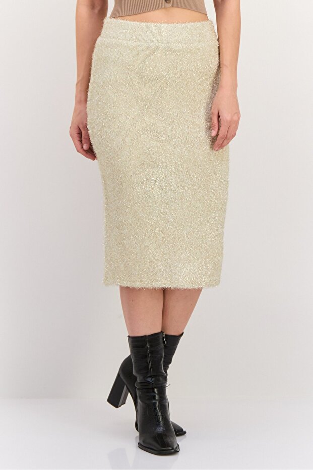 Women Textured Midi Skirt, Gold