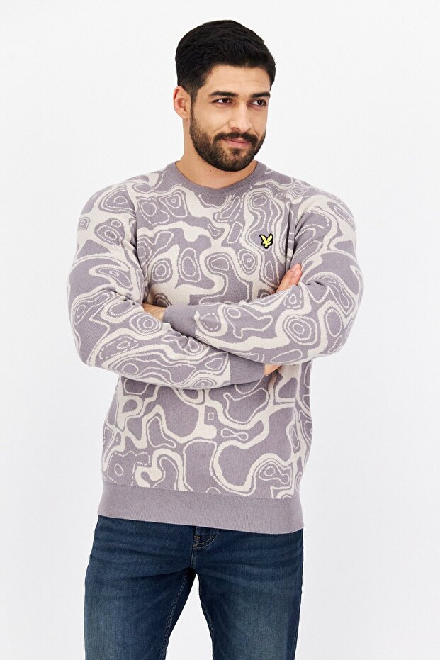 Men Crew Neck Abstract Sweater, Grey