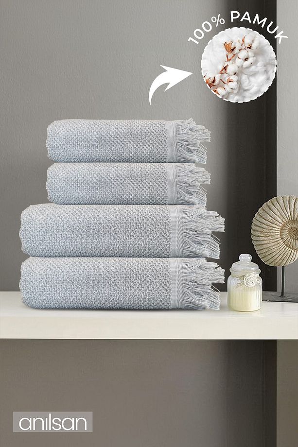4'lü Gri Jelena Havlu Seti %100 Pamuk  - 2 Adet El Havlusu 50x90 ve 2 Adet Banyo Havlusu 70x140 - 1