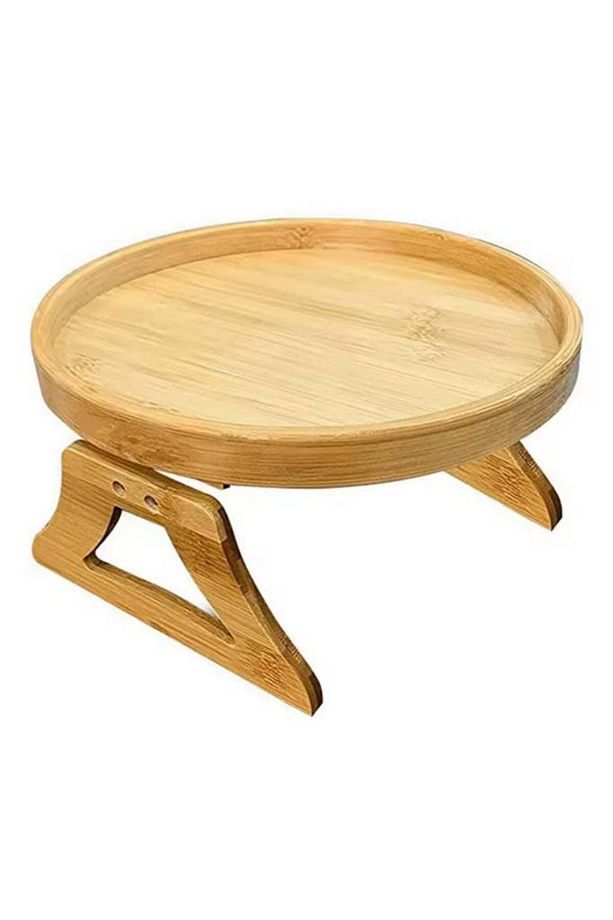 Bambu Katlanabilir Ayaklı Koltuk Kolu Keyif Servis ve Sunum Tepsisi 25 Cm Yuvarlak - THN76 - 3