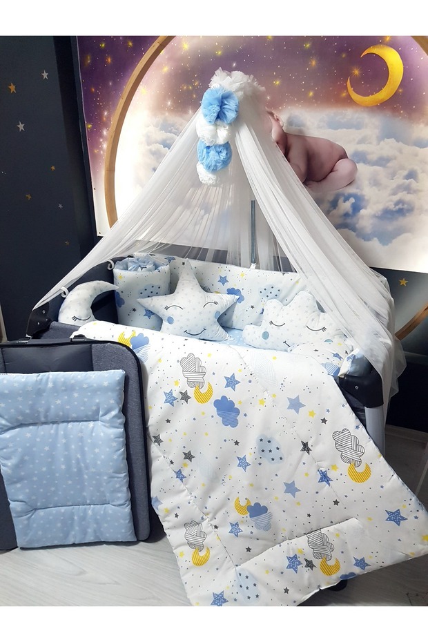 70X120 Baby Sleeping Set - 17 Piece Luxury Mosquito Net with Pompom (Apparatus Included)