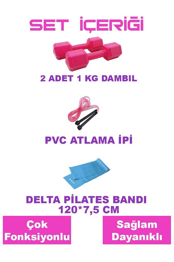 Pilates Lastiği Atlama İpi 1 Kg Dambıl Set - 2