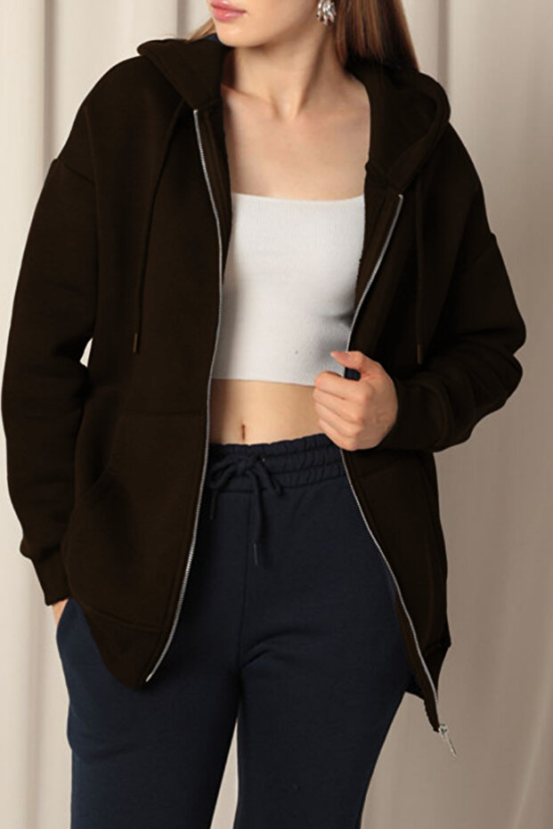 Women's Brown Thick Three Thread Fabric Zippered Hooded Jacket