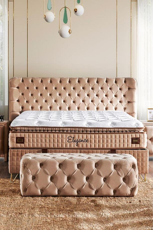 Elegance Lüks Yatak Baza ve Başlık Seti 140x190 cm Çift Kişilik Paket Yaylı Yumuşak Yatak Baza Başlı - 3