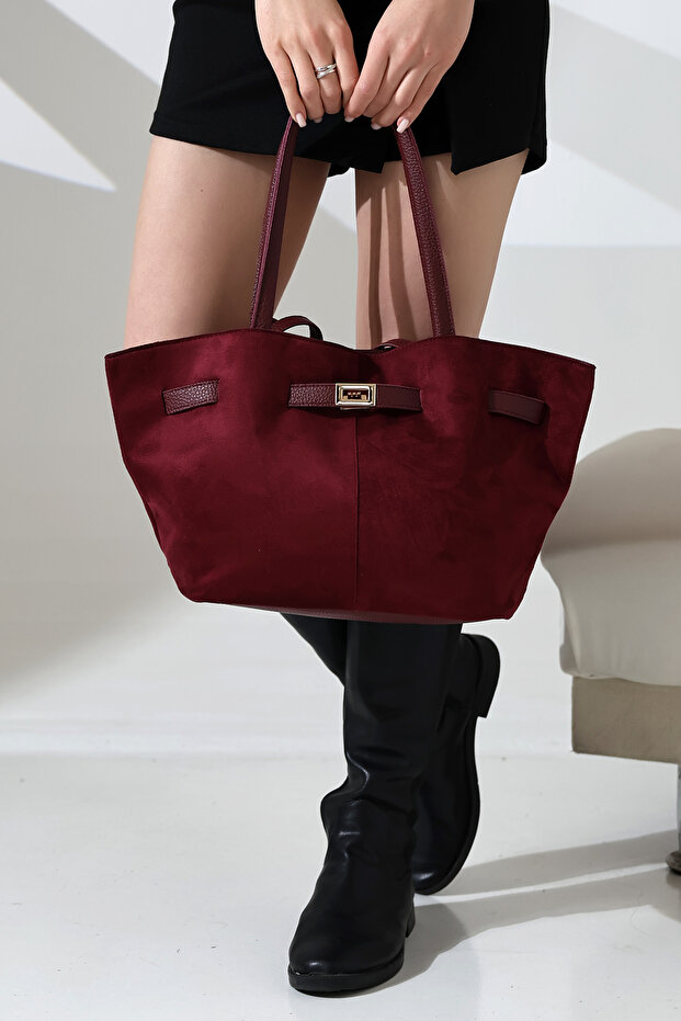 Burgundy Suede Belt Detailed Extra Strap Hand, Arm and Shoulder Bag, Suede Women's Bag