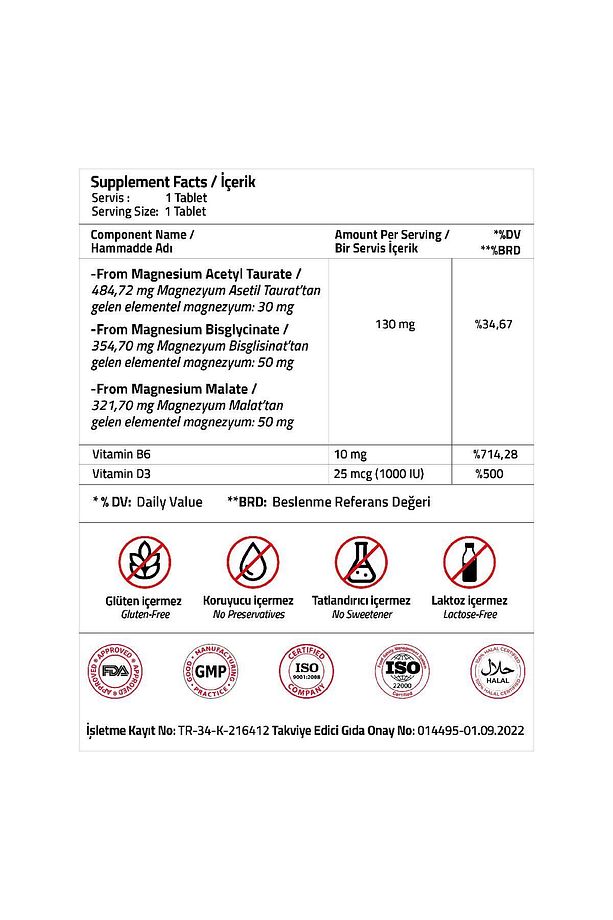 Magnezyum Complex Bisglycinate Taurat Malat Vitamin B6 Vitamin D3 1000 Ünite 30 Tablets - 3