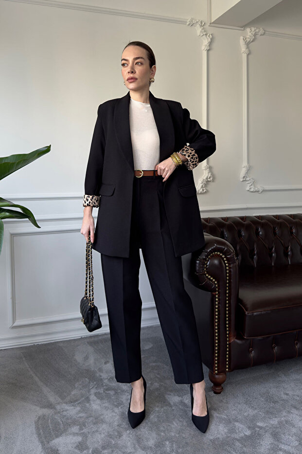 Leopard Sleeve Layered Jacket Set - Black - 3