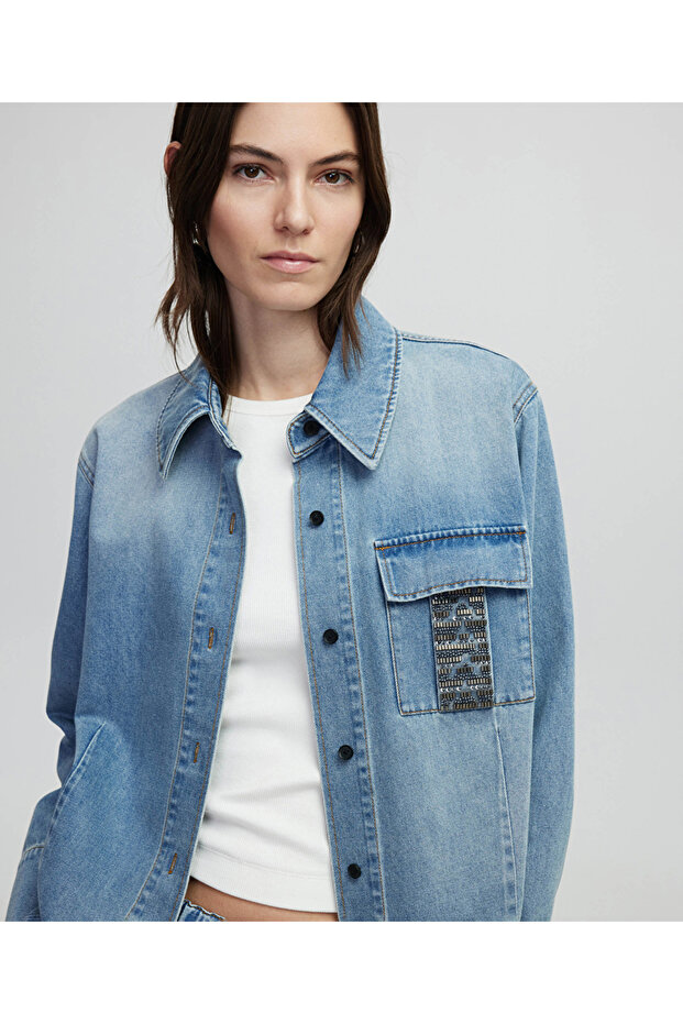 İşlemeli denim gömlek - 1