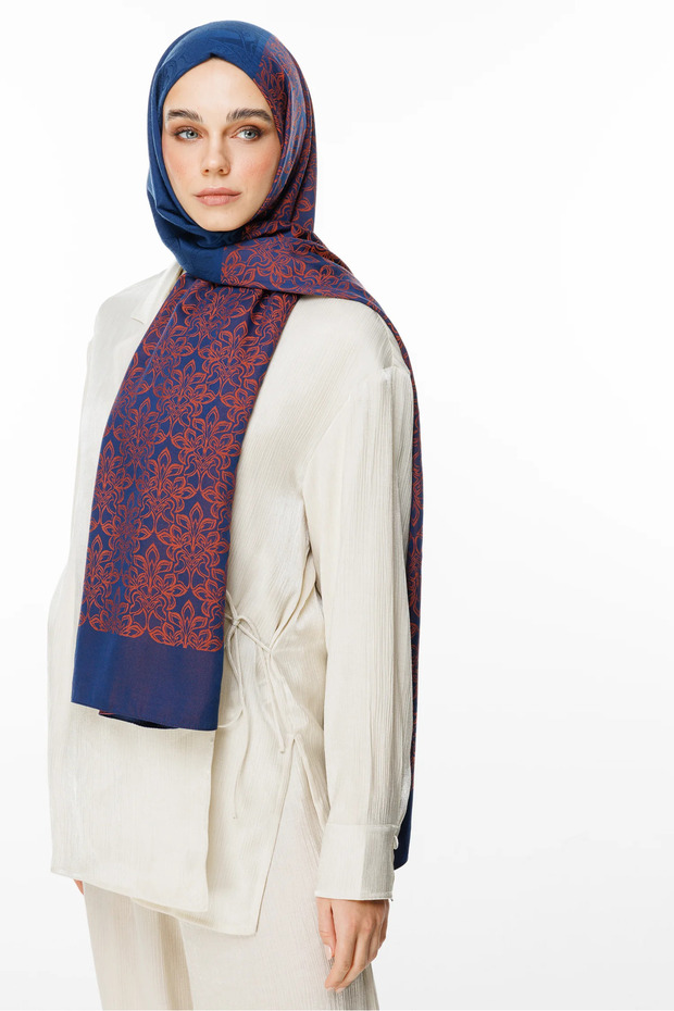 Nora Pattern Double Sided Shawl Navy Blue-Ceap Shell - 2