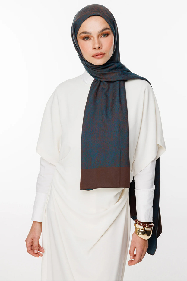 Sahara Pattern Double Sided Shawl Bitter Brown-Petrol Blue