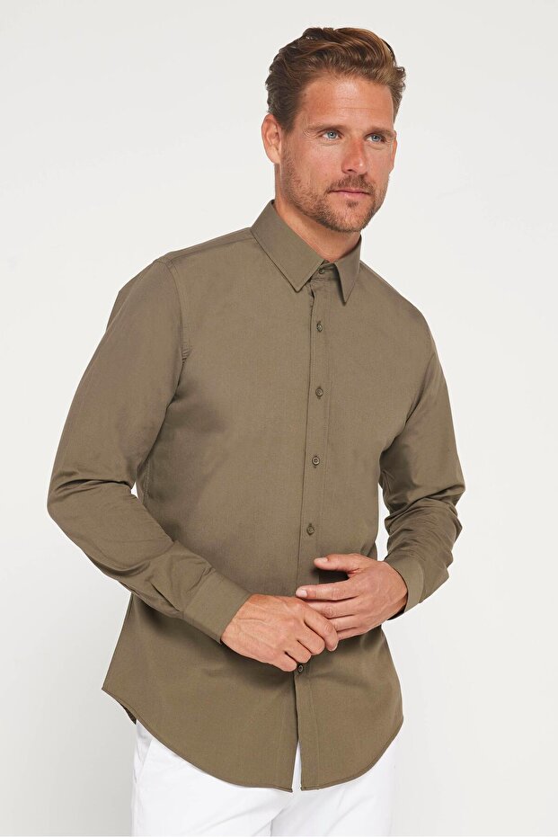 Men's Slim Fit Slim Fit Cotton Terry Cotton Fabric Easy Ironing Khaki Shirt
