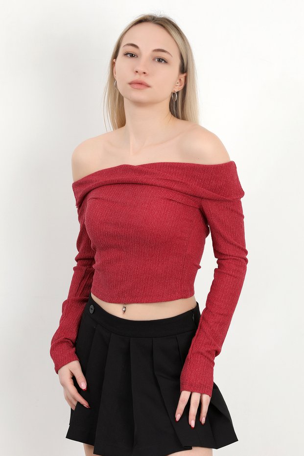 Women's Madonna Collar Long Sleeve Wrap Blouse Burgundy - Ms 0000589