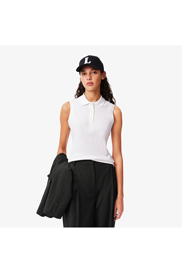 L.12.D Kadın Slim Fit Kolsuz Beyaz Polo - 1