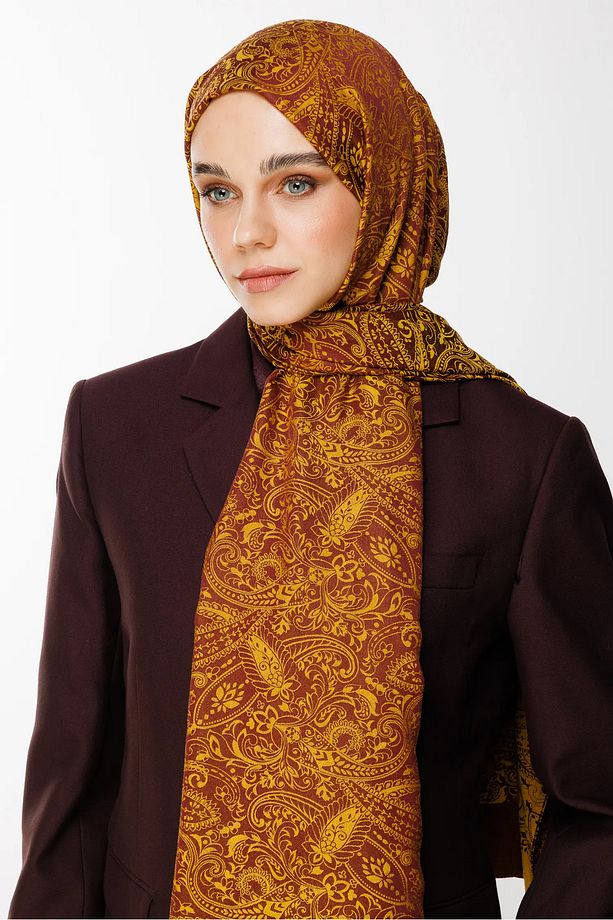 Velora Desen Çift Taraflı Şal Mürdüm-Sarı - 4