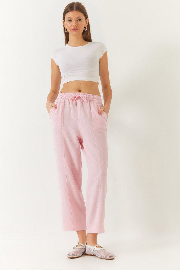 Women's Powder Linen Elastic Waist Tied Leg Detail Pocketed Carrot Cut Trousers 3875 60261419