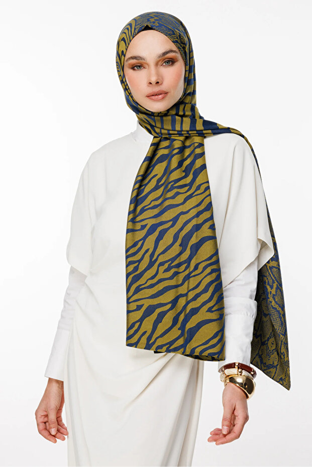 Riad Pattern Double Sided Shawl Navy Blue-Oil Green