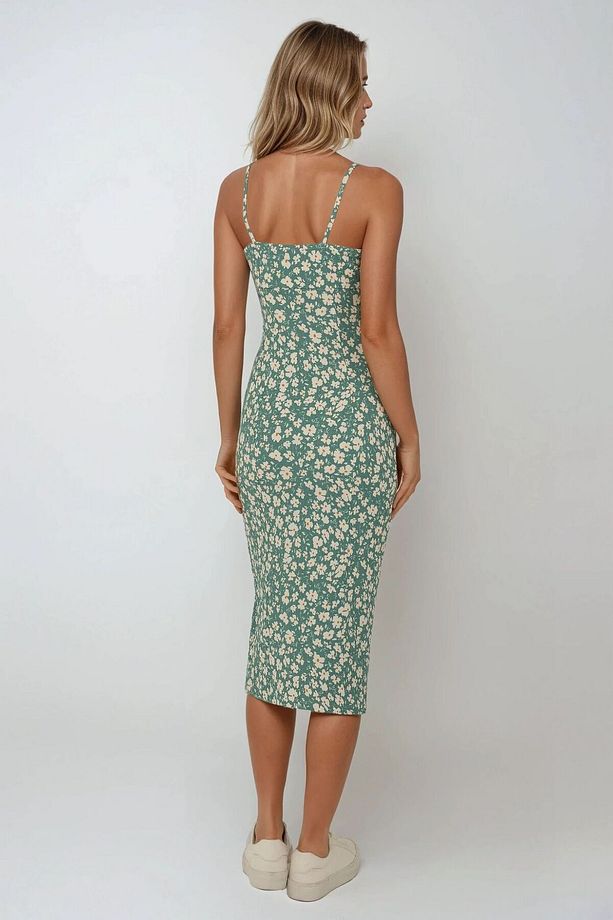 Yırtmaç Detaylı Çiçek Desenli Bodycon Midi Elbise - 4