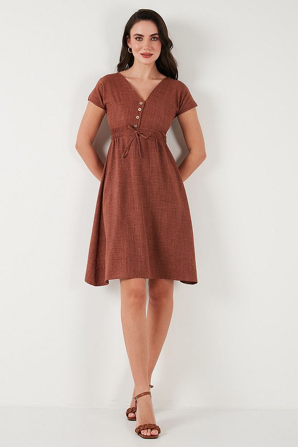 Önü Düğmeli V Yaka Regular Fit Kısa Kollu Midi Elbise ELBİSE 5865747 - 4