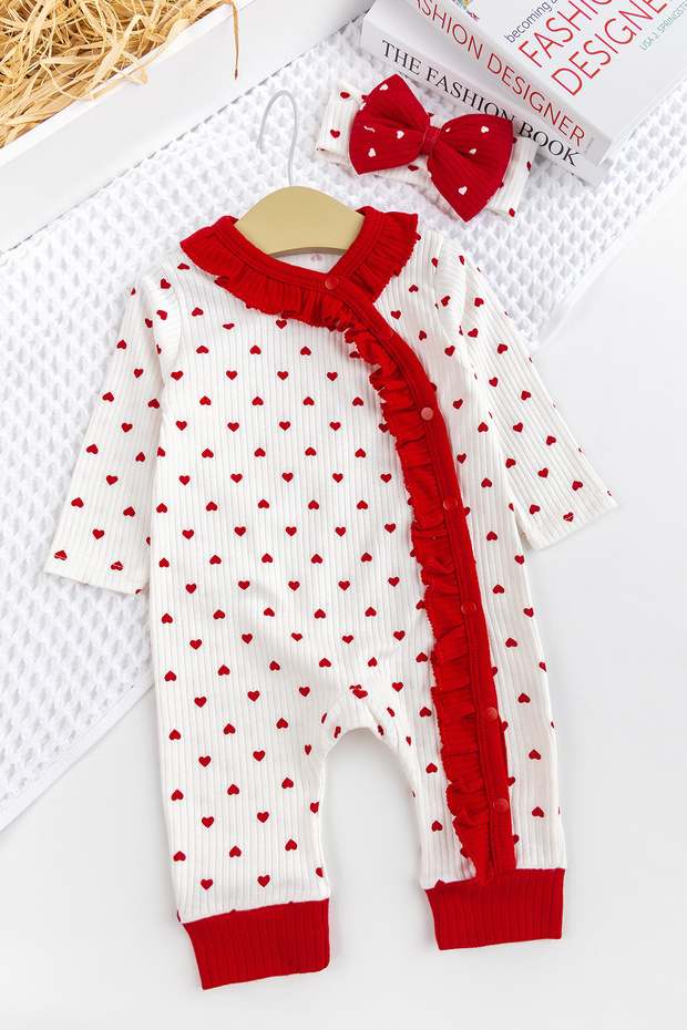 Baby Girl Romper Set with Heart Ruffle Bandana