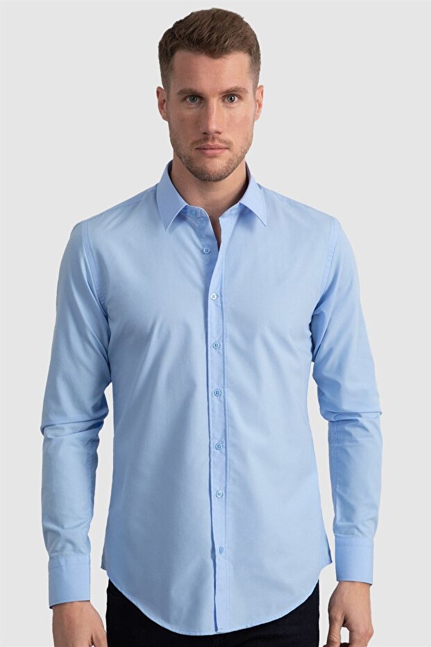 Men's Slim Fit Slim Fit Cotton Terry Cotton Fabric Easy Iron Blue Shirt
