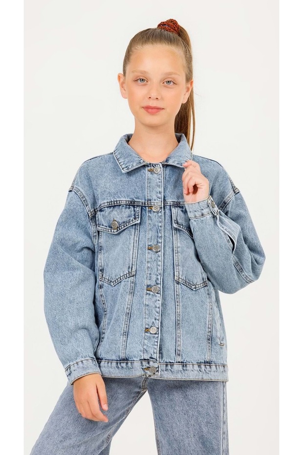Girls' Denim Jacket with Button Closure Cover Pockets