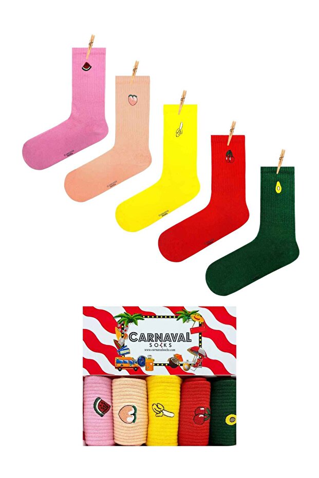 Box of 5 Unisex Embroidered Fruits Colorful Socks