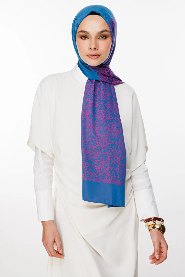 Nora Pattern Double Sided Shawl Petrol Blue-Fuchsia