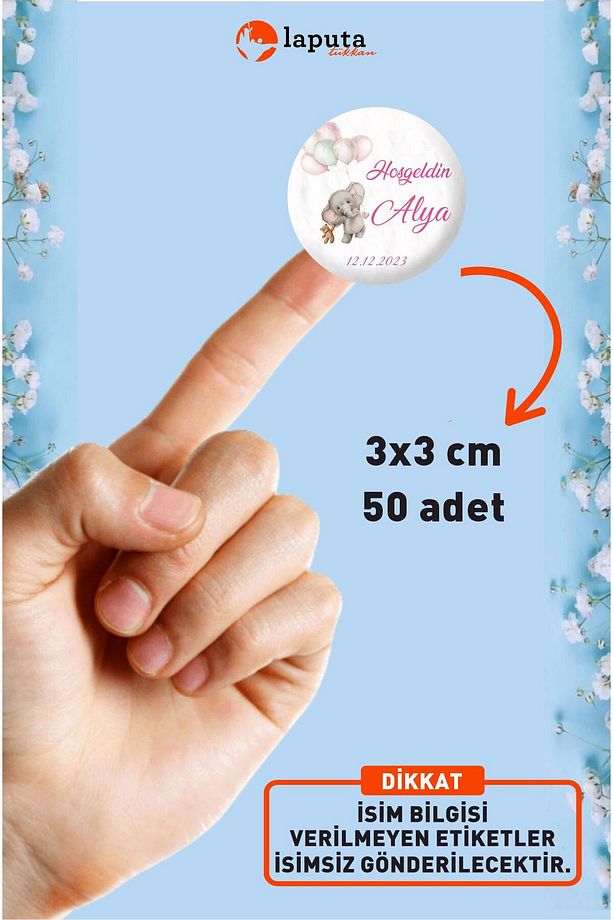 İsme Özel Doğum Günü Babyshower Hoşgeldin Bebek Etiketi 3cm--50 Adet --Yapışkanlı Etiket Model 4 - 1