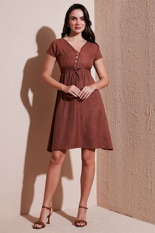Önü Düğmeli V Yaka Regular Fit Kısa Kollu Midi Elbise ELBİSE 5865747 - 1