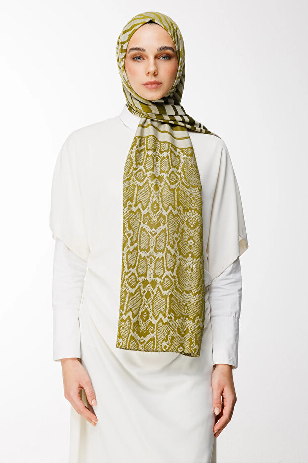 Riad Pattern Double Sided Shawl Oil Green-Ecru