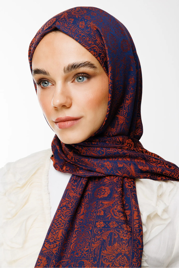 Henna Pattern Double-Sided Shawl Navy Blue-Onion Shell