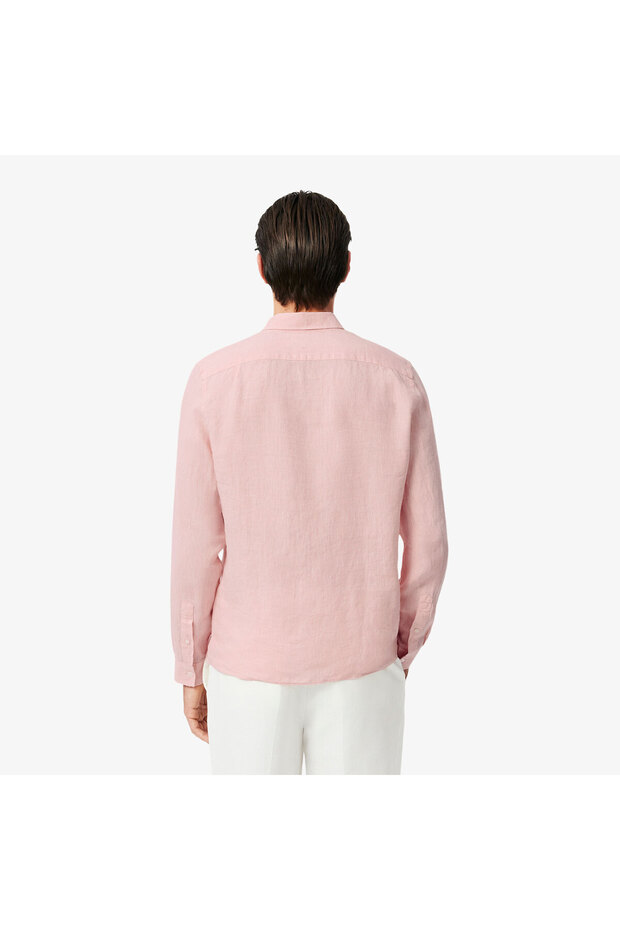Erkek Regular Fit Düğmeli Yaka Keten Açık Pembe Gömlek - 3