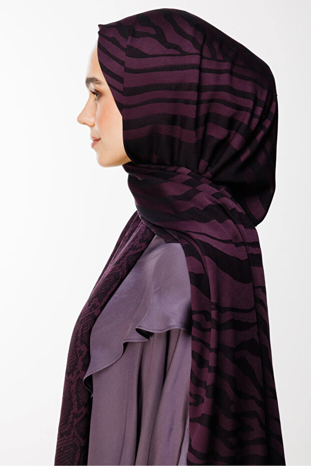 Riad Pattern Double Sided Shawl Purple-Black - 3