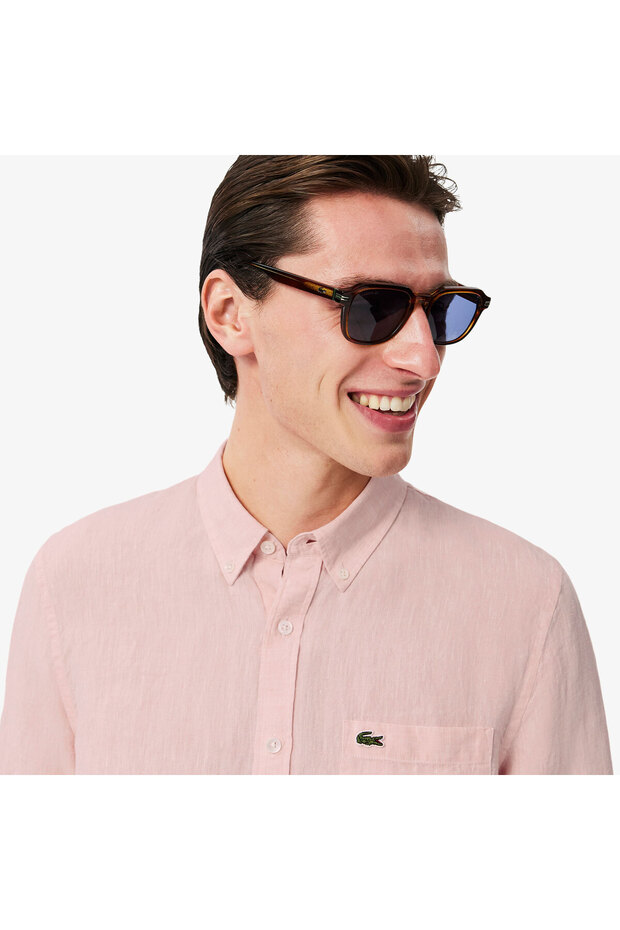 Erkek Regular Fit Düğmeli Yaka Keten Açık Pembe Gömlek - 2