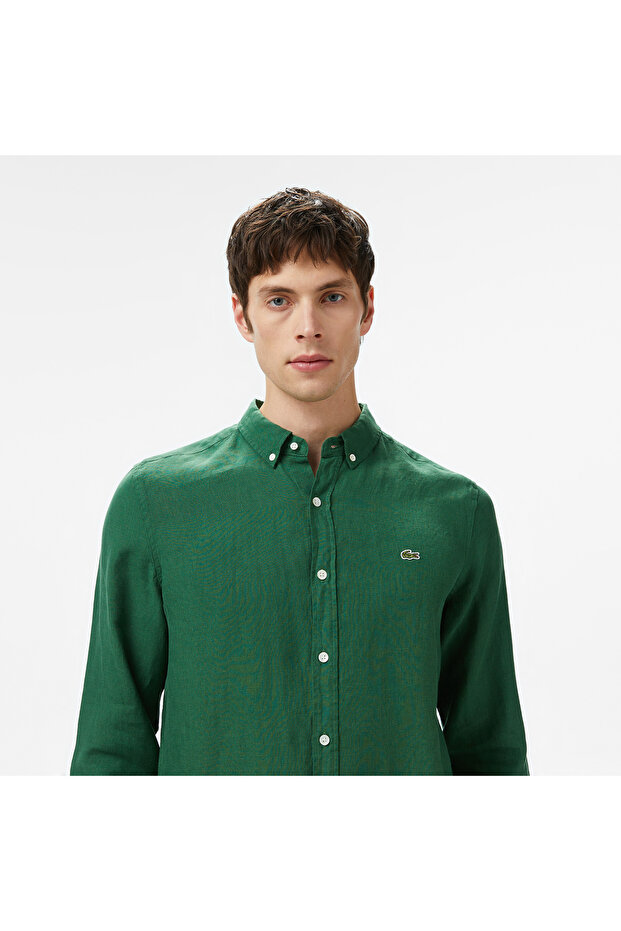 Erkek Regular Fit Düğmeli Yaka Keten Koyu Yeşil Gömlek - 2