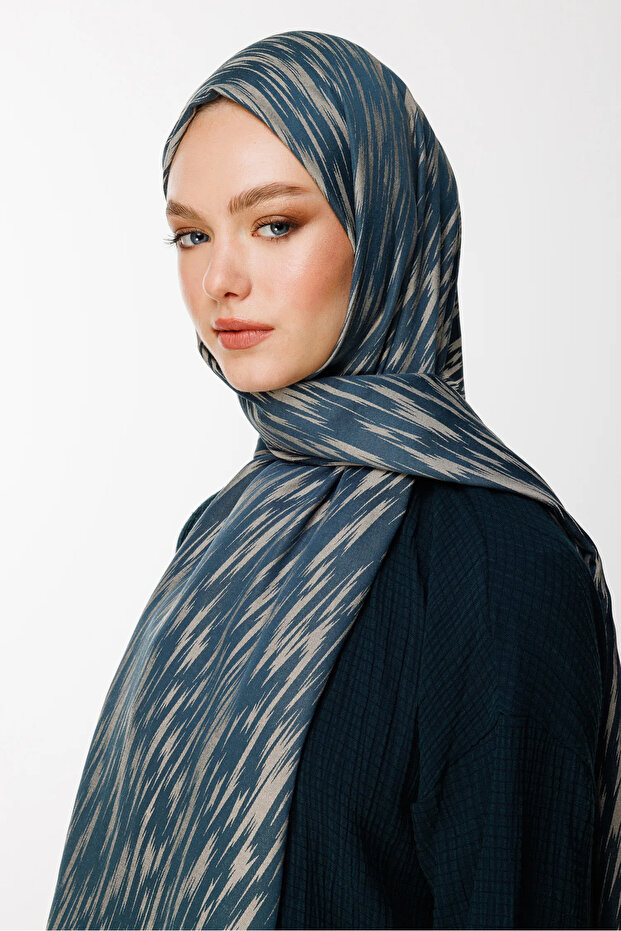Selis Pattern Double Sided Shawl Petrol Blue-Beige