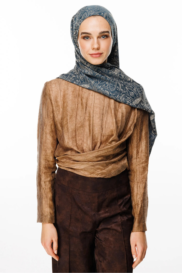Velora Pattern Double Sided Shawl Petrol Blue-Beige