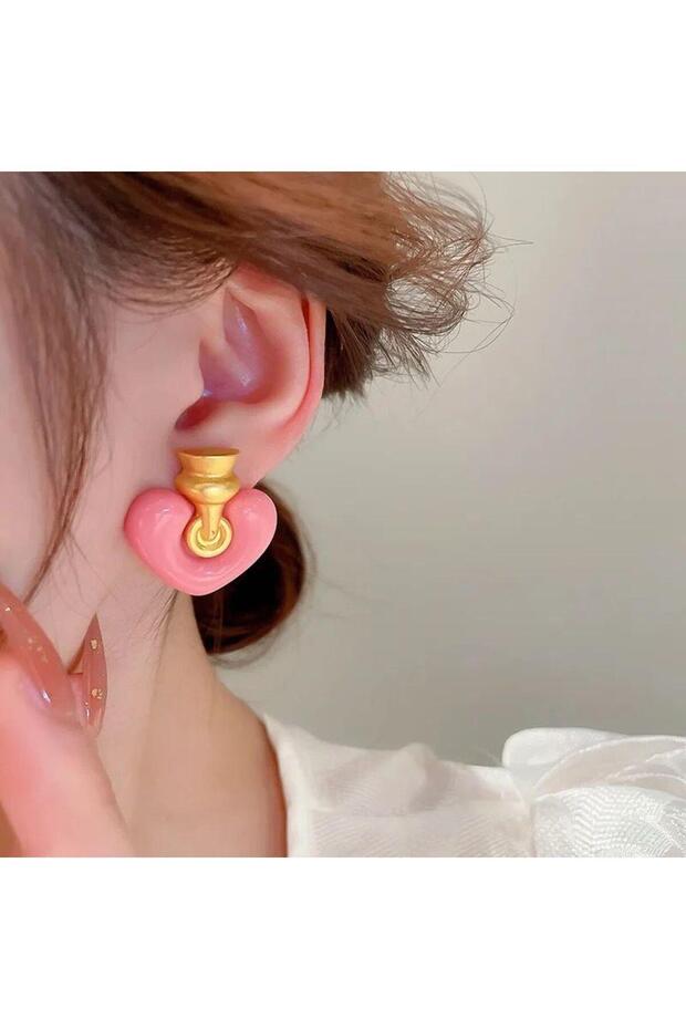 Çelik pembe kalp küpe - 1