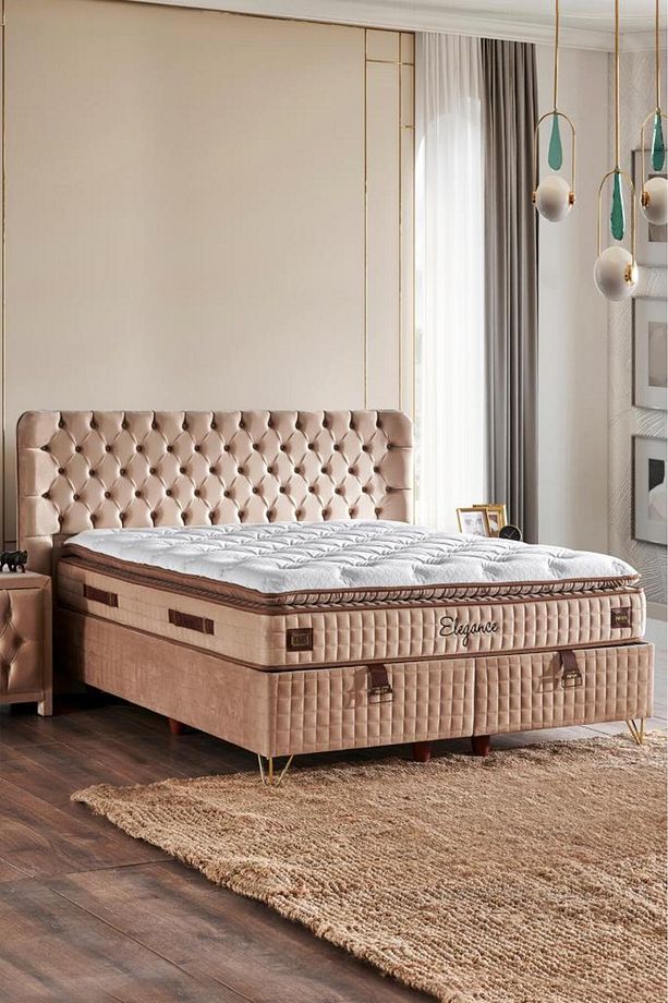 Elegance Lüks Yatak Baza ve Başlık Seti 160x200 cm Çift Kişilik Paket Yaylı Yumuşak Yatak Baza Başlı - 1
