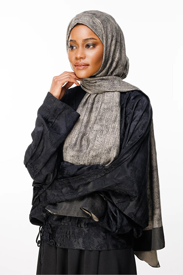 Sahra Pattern Double-Sided Shawl Black-Beige - 6